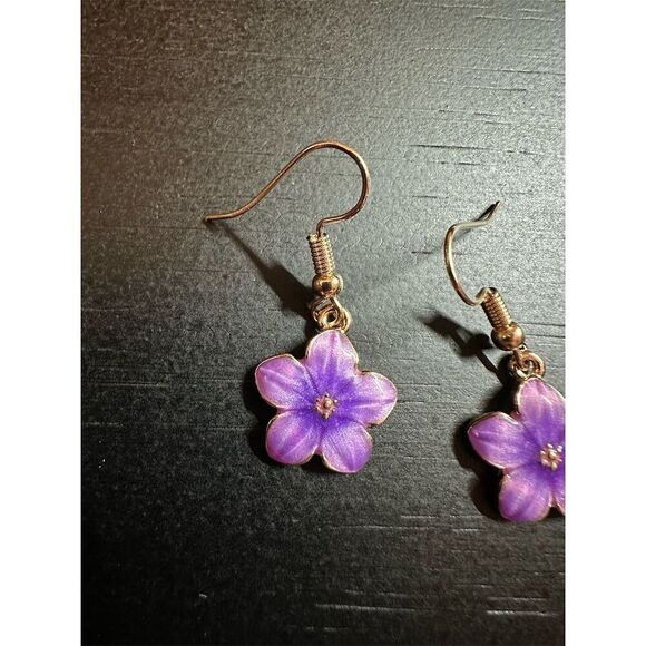 Handmade Purple Flower Enamel Dangle Earrings - Picture 2 of 4